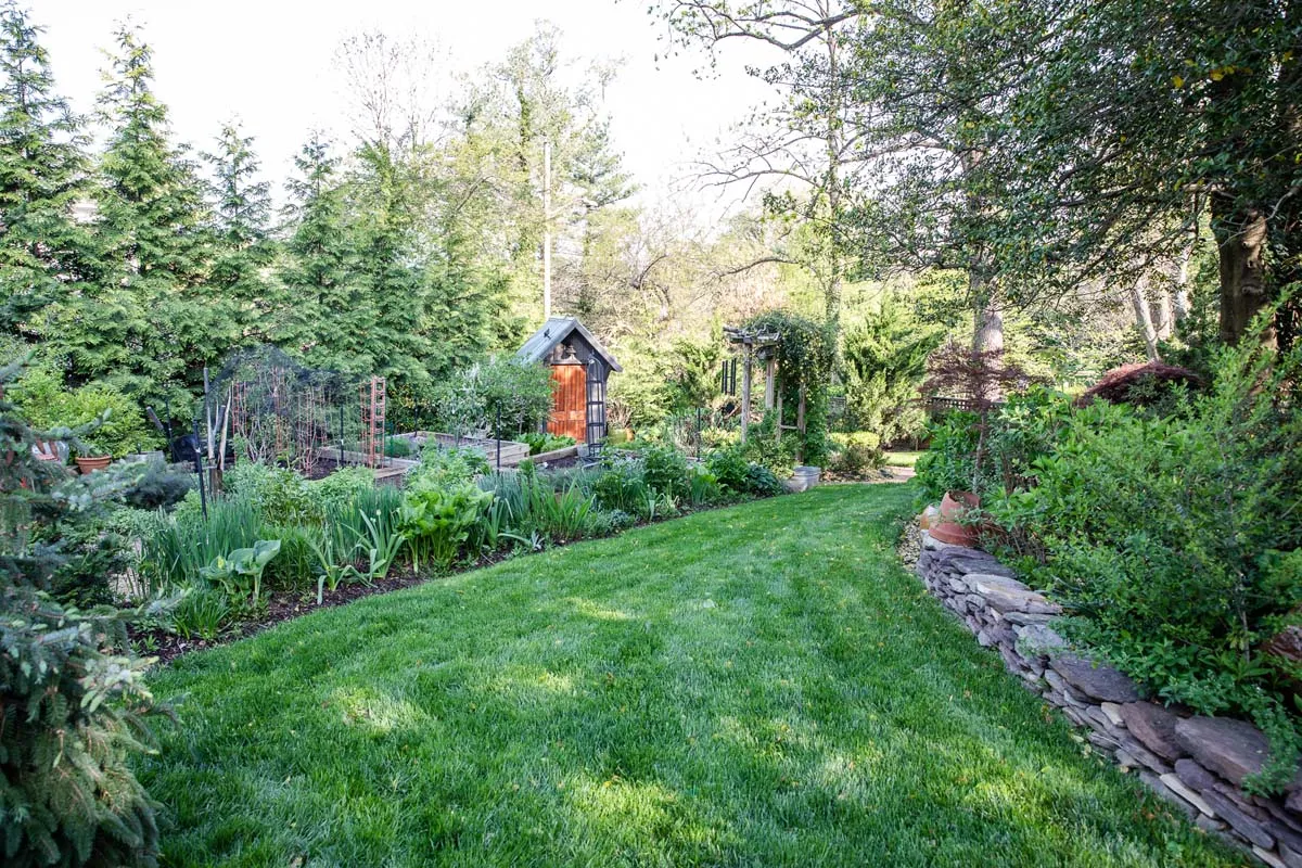 Alt text for the first photo: "A well-manicured garden with lush green grass, a variety of trees, and a garden shed, showcasing a vibrant and healthy landscaped yard.